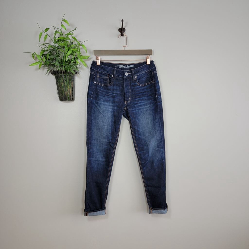 American Eagle Tomgirl Jeans Boyfriend Slouchy Slim Dark Blue Button Fly AE 2